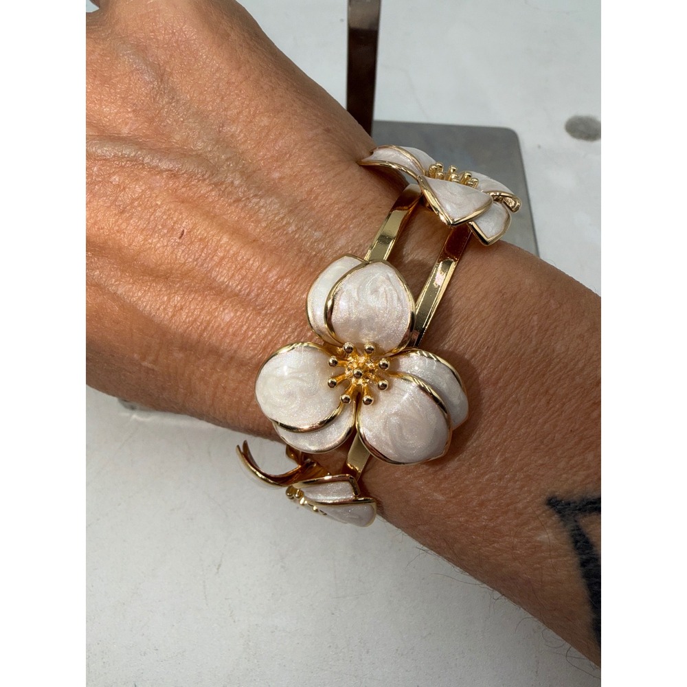 Gold Tone White Enamel Flower Cuff Bracelet Pearlescent Floral Statement Jewelry